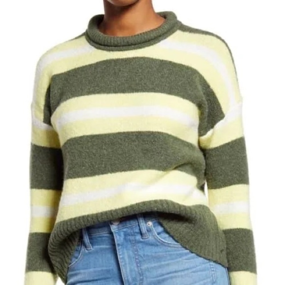 MADEWELL FULTON PUFF NECK STRIPE GRASS ROLL NECK SWEATER SMALL